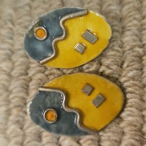 Sterling Silver & Abstract Enamel Oval Stud Earrings